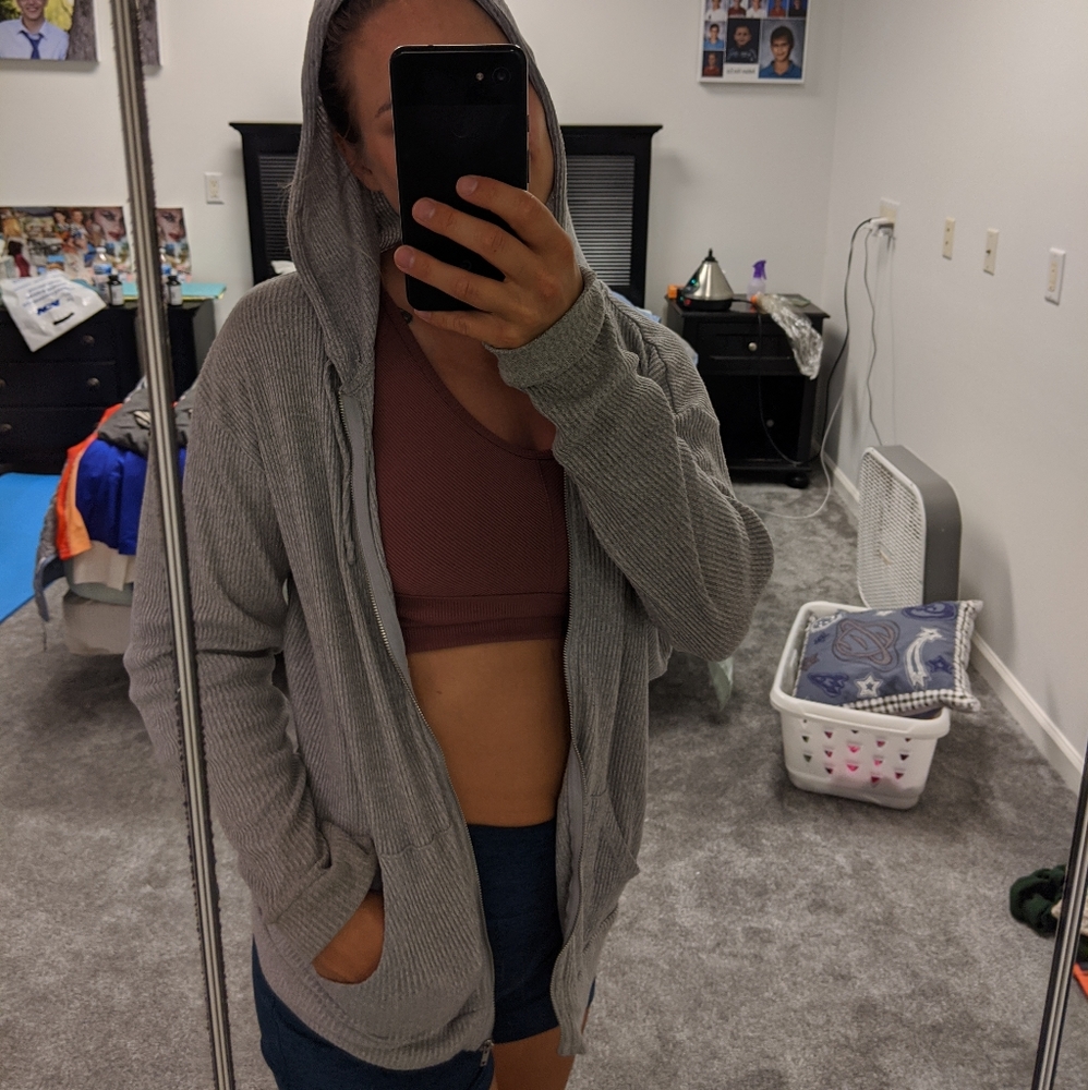 HM Divided gray zipper ribbed hoodie